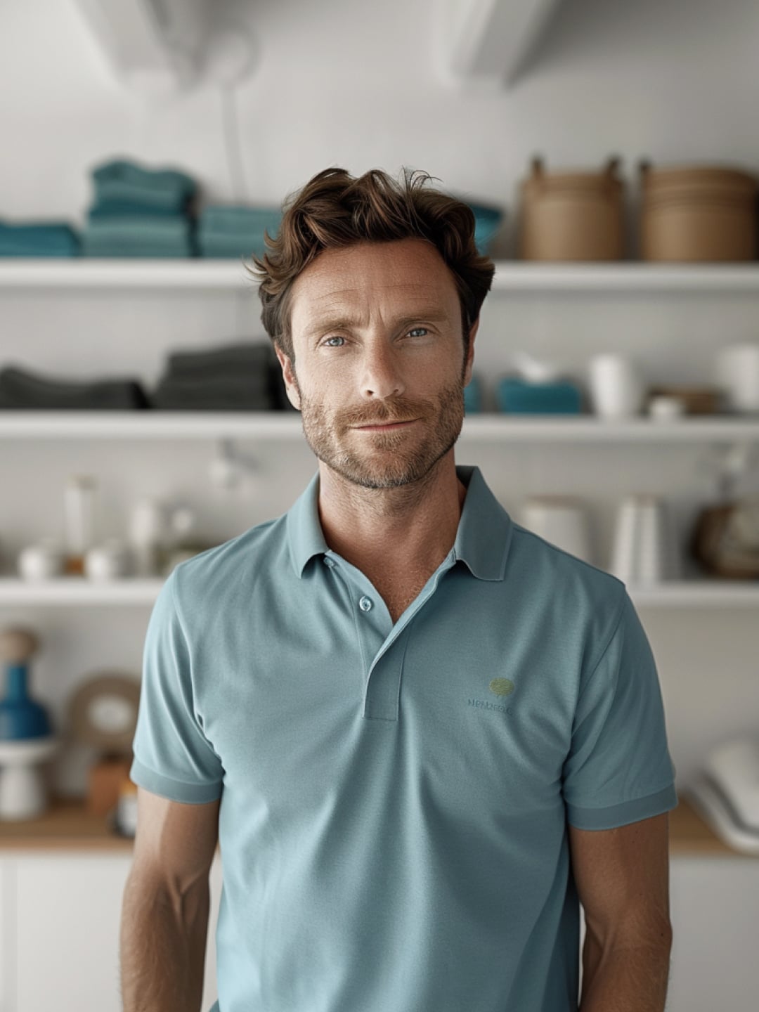A man with wavy brown hair and a beard is standing in front of a shelf filled with various household items. He is wearing a light blue polo shirt and has a neutral expression.